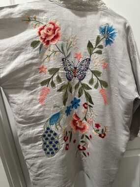 Johnny Was Sand Linen Kimono with Multicolor Embroidery-Nicolette